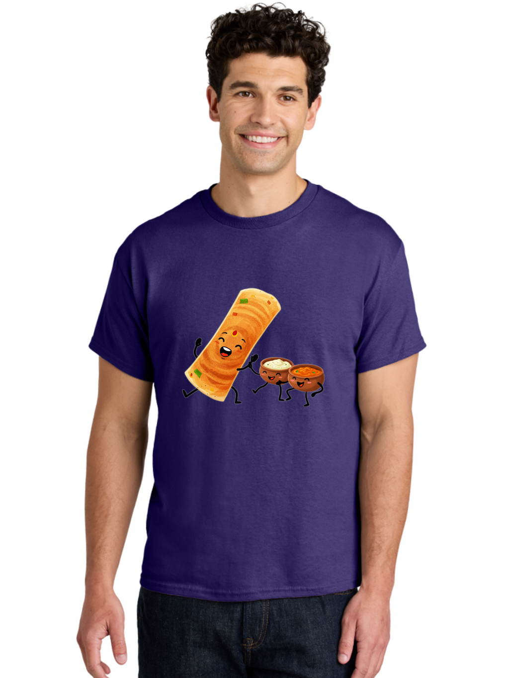 Dosa-And-Dipping-Sauces Men'S Graphic Tee, 100% Cotton, Comfortable Casual Summer Wear, Machine Washable, Indian Food, Wrap And Dips, Curry And Raita, Cartoon Characters, Playful Illustration, Vibrant Colors, Happy Faces, Foodie Fun Baa535