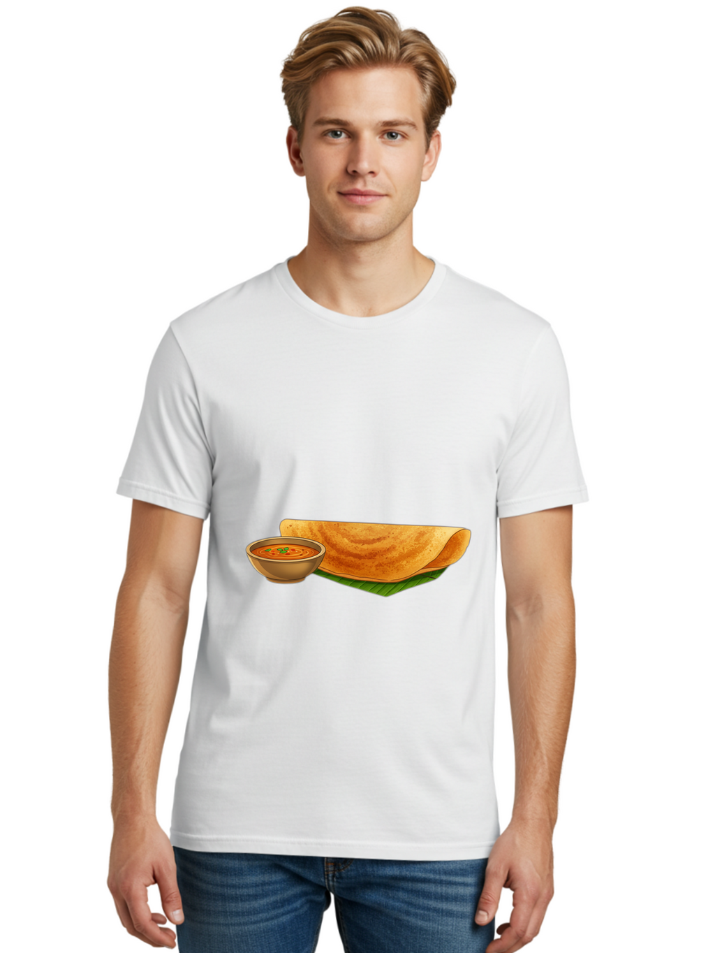 Dosa-And-Sambar Men'S Graphic Tee, 100% Cotton, Comfortable Casual Summer Wear, Machine Washable, South Indian Cuisine, Dosa With Sambhar, Indian Breakfast, Fermented Crepe, Spicy Sambhar, Traditional Indian Dish, Food Illustration, Baa536
