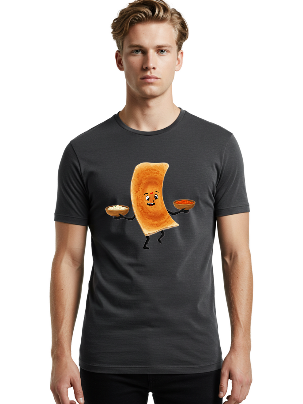 Dosa-Character Men'S Graphic Tee, 100% Cotton, Comfortable Casual Summer Wear, Machine Washable, Cartoon Chapati, Indian Flatbread, Smiling Face, Bowls Of Chutney And Raita, Black Arms And Legs, Happy Expression, Traditional Cuisine, Baa538