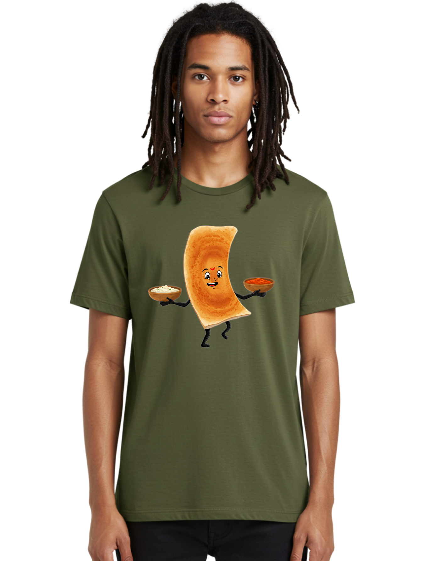 Dosa-Character Men'S Graphic Tee, 100% Cotton, Comfortable Casual Summer Wear, Machine Washable, Cartoon Chapati, Indian Flatbread, Smiling Face, Bowls Of Chutney And Raita, Black Arms And Legs, Happy Expression, Traditional Cuisine, Baa538
