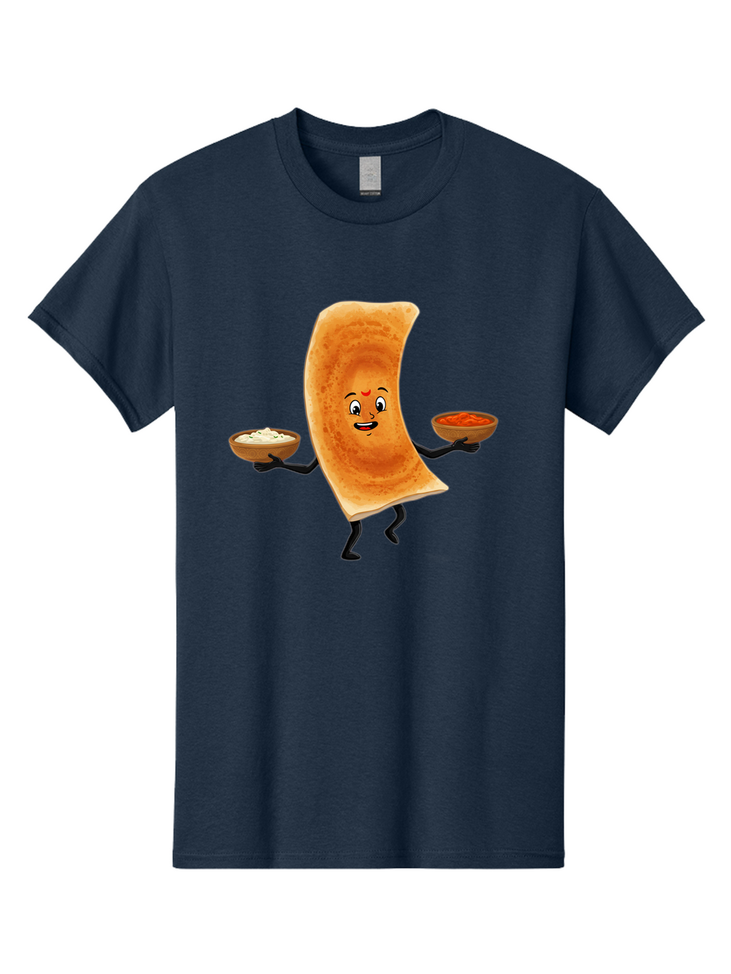 Dosa-Character Men'S Graphic Tee, 100% Cotton, Comfortable Casual Summer Wear, Machine Washable, Cartoon Chapati, Indian Flatbread, Smiling Face, Bowls Of Chutney And Raita, Black Arms And Legs, Happy Expression, Traditional Cuisine, Baa538