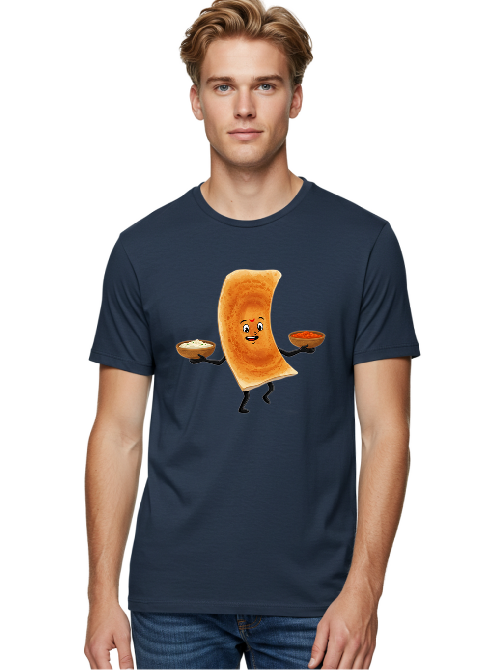 Dosa-Character Men'S Graphic Tee, 100% Cotton, Comfortable Casual Summer Wear, Machine Washable, Cartoon Chapati, Indian Flatbread, Smiling Face, Bowls Of Chutney And Raita, Black Arms And Legs, Happy Expression, Traditional Cuisine, Baa538