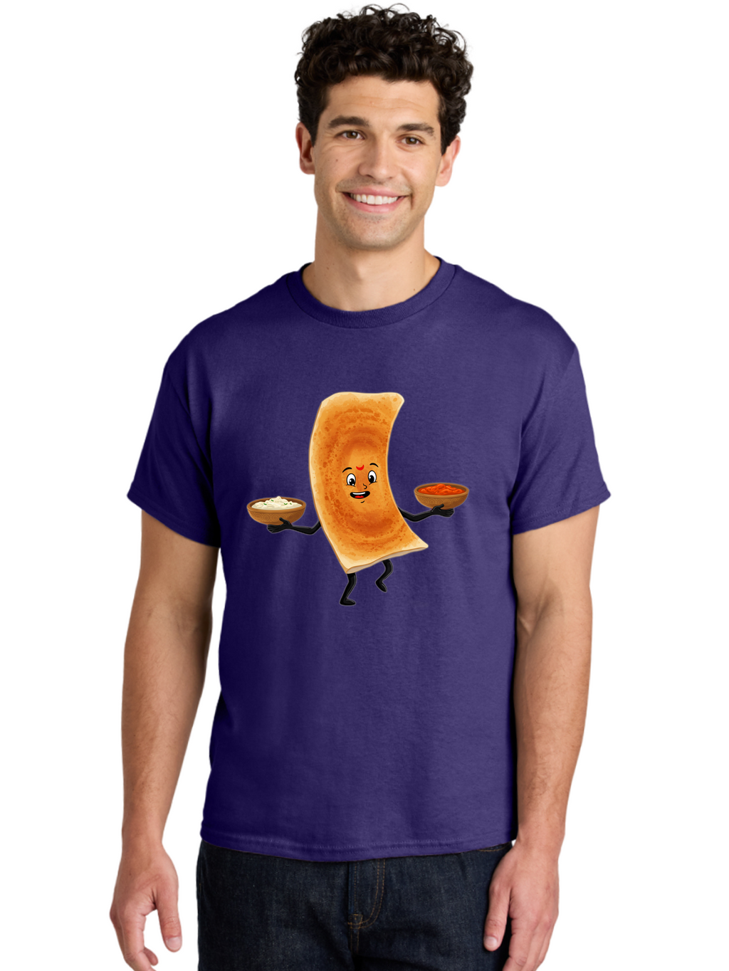 Dosa-Character Men'S Graphic Tee, 100% Cotton, Comfortable Casual Summer Wear, Machine Washable, Cartoon Chapati, Indian Flatbread, Smiling Face, Bowls Of Chutney And Raita, Black Arms And Legs, Happy Expression, Traditional Cuisine, Baa538