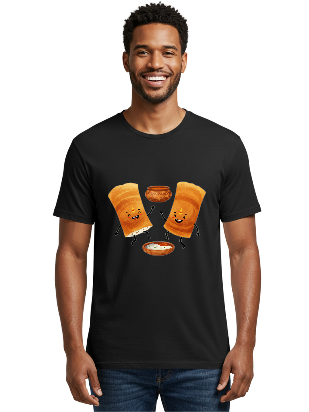 Dosa-Characters Men'S Graphic Tee, 100% Cotton, Comfortable Casual Summer Wear, Machine Washable, Cartoon Dosa Characters, Dancing Dosas, Sambar, Chutney, Indian Food, Dosa Dance, Funny Dosas, Animated Dosas, Indian Cuisine, Dosa Fun Baa539