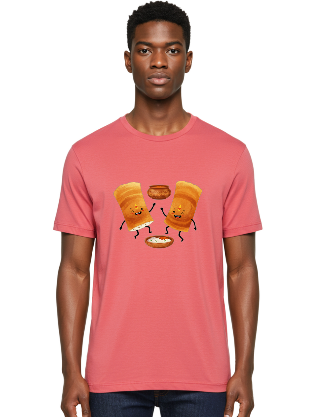 Dosa-Characters Men'S Graphic Tee, 100% Cotton, Comfortable Casual Summer Wear, Machine Washable, Cartoon Dosa Characters, Dancing Dosas, Sambar, Chutney, Indian Food, Dosa Dance, Funny Dosas, Animated Dosas, Indian Cuisine, Dosa Fun Baa539
