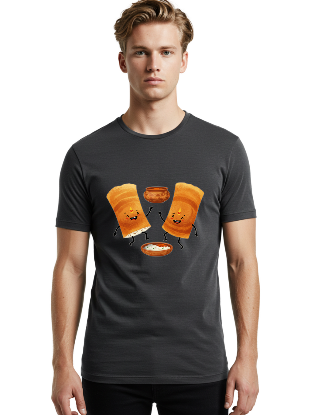 Dosa-Characters Men'S Graphic Tee, 100% Cotton, Comfortable Casual Summer Wear, Machine Washable, Cartoon Dosa Characters, Dancing Dosas, Sambar, Chutney, Indian Food, Dosa Dance, Funny Dosas, Animated Dosas, Indian Cuisine, Dosa Fun Baa539
