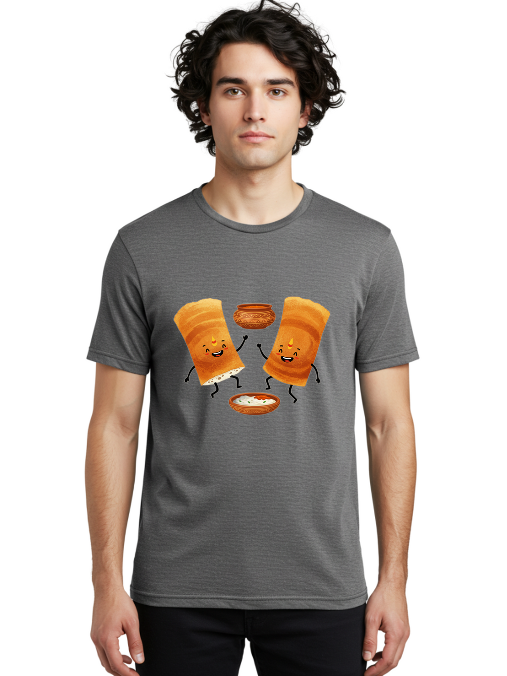 Dosa-Characters Men'S Graphic Tee, 100% Cotton, Comfortable Casual Summer Wear, Machine Washable, Cartoon Dosa Characters, Dancing Dosas, Sambar, Chutney, Indian Food, Dosa Dance, Funny Dosas, Animated Dosas, Indian Cuisine, Dosa Fun Baa539