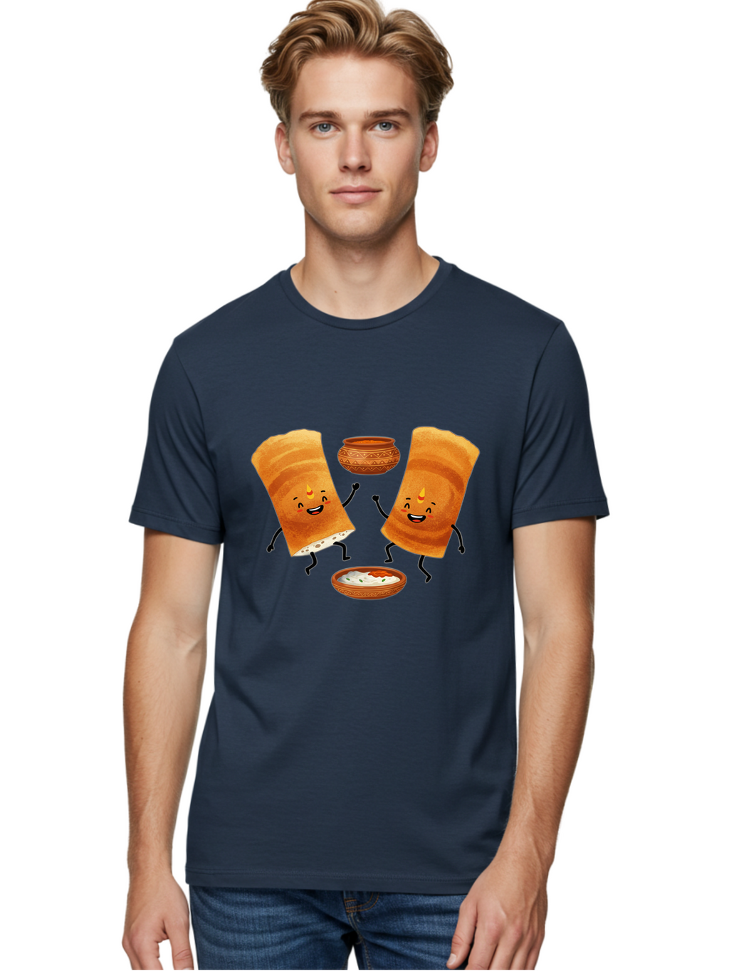 Dosa-Characters Men'S Graphic Tee, 100% Cotton, Comfortable Casual Summer Wear, Machine Washable, Cartoon Dosa Characters, Dancing Dosas, Sambar, Chutney, Indian Food, Dosa Dance, Funny Dosas, Animated Dosas, Indian Cuisine, Dosa Fun Baa539
