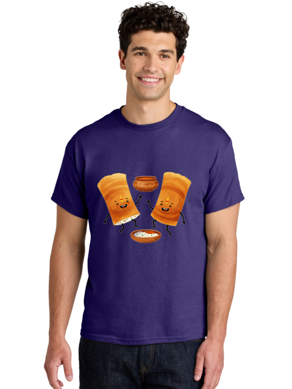 Dosa-Characters Men'S Graphic Tee, 100% Cotton, Comfortable Casual Summer Wear, Machine Washable, Cartoon Dosa Characters, Dancing Dosas, Sambar, Chutney, Indian Food, Dosa Dance, Funny Dosas, Animated Dosas, Indian Cuisine, Dosa Fun Baa539