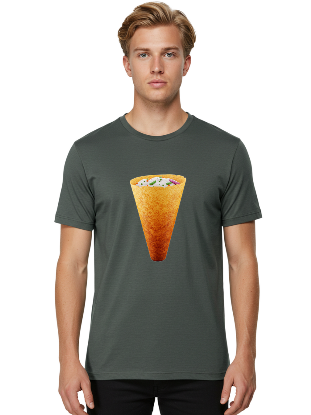 Dosa-Cone Men'S Graphic Tee, 100% Cotton, Comfortable Casual Summer Wear, Machine Washable, Masala Cone, Indian Street Food, Crispy Cone, Savory Snack, Flavorful Filling, Chutney, Spices, Appetizing Treat Baa540