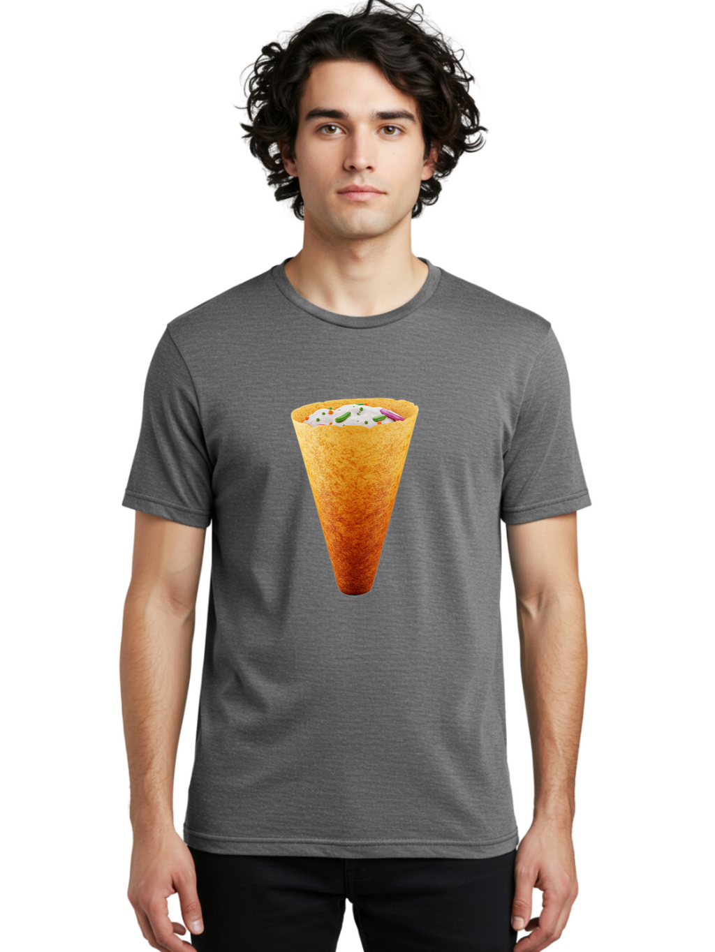Dosa-Cone Men'S Graphic Tee, 100% Cotton, Comfortable Casual Summer Wear, Machine Washable, Masala Cone, Indian Street Food, Crispy Cone, Savory Snack, Flavorful Filling, Chutney, Spices, Appetizing Treat Baa540
