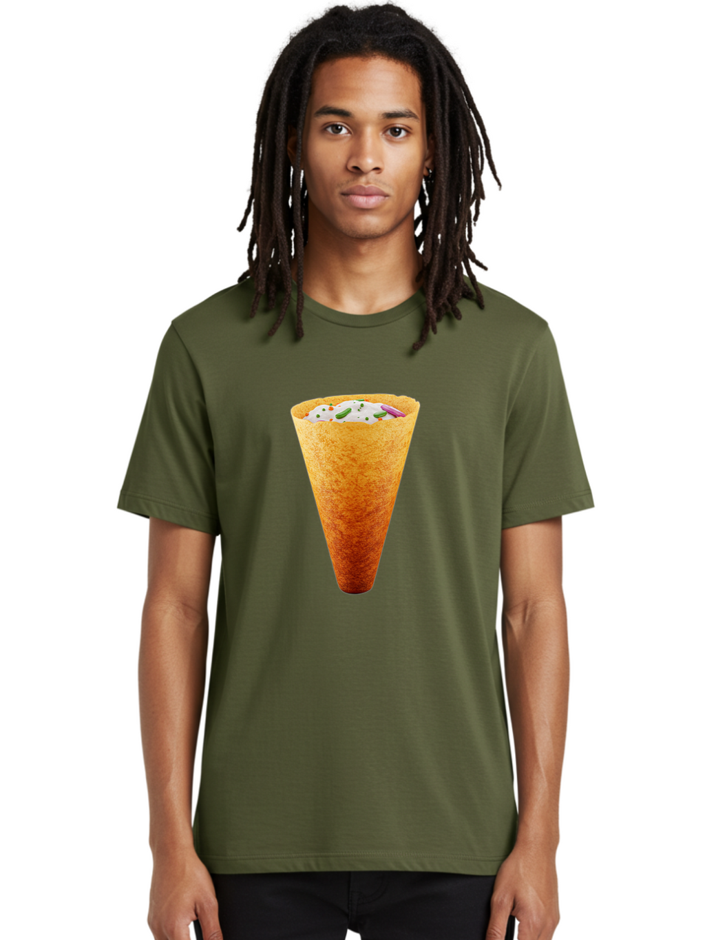 Dosa-Cone Men'S Graphic Tee, 100% Cotton, Comfortable Casual Summer Wear, Machine Washable, Masala Cone, Indian Street Food, Crispy Cone, Savory Snack, Flavorful Filling, Chutney, Spices, Appetizing Treat Baa540