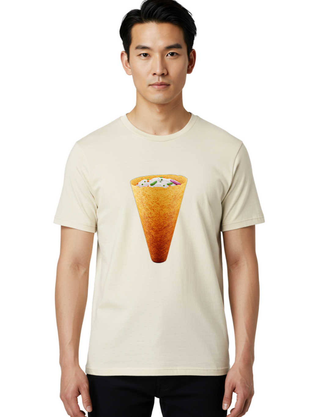 Dosa-Cone Men'S Graphic Tee, 100% Cotton, Comfortable Casual Summer Wear, Machine Washable, Masala Cone, Indian Street Food, Crispy Cone, Savory Snack, Flavorful Filling, Chutney, Spices, Appetizing Treat Baa540