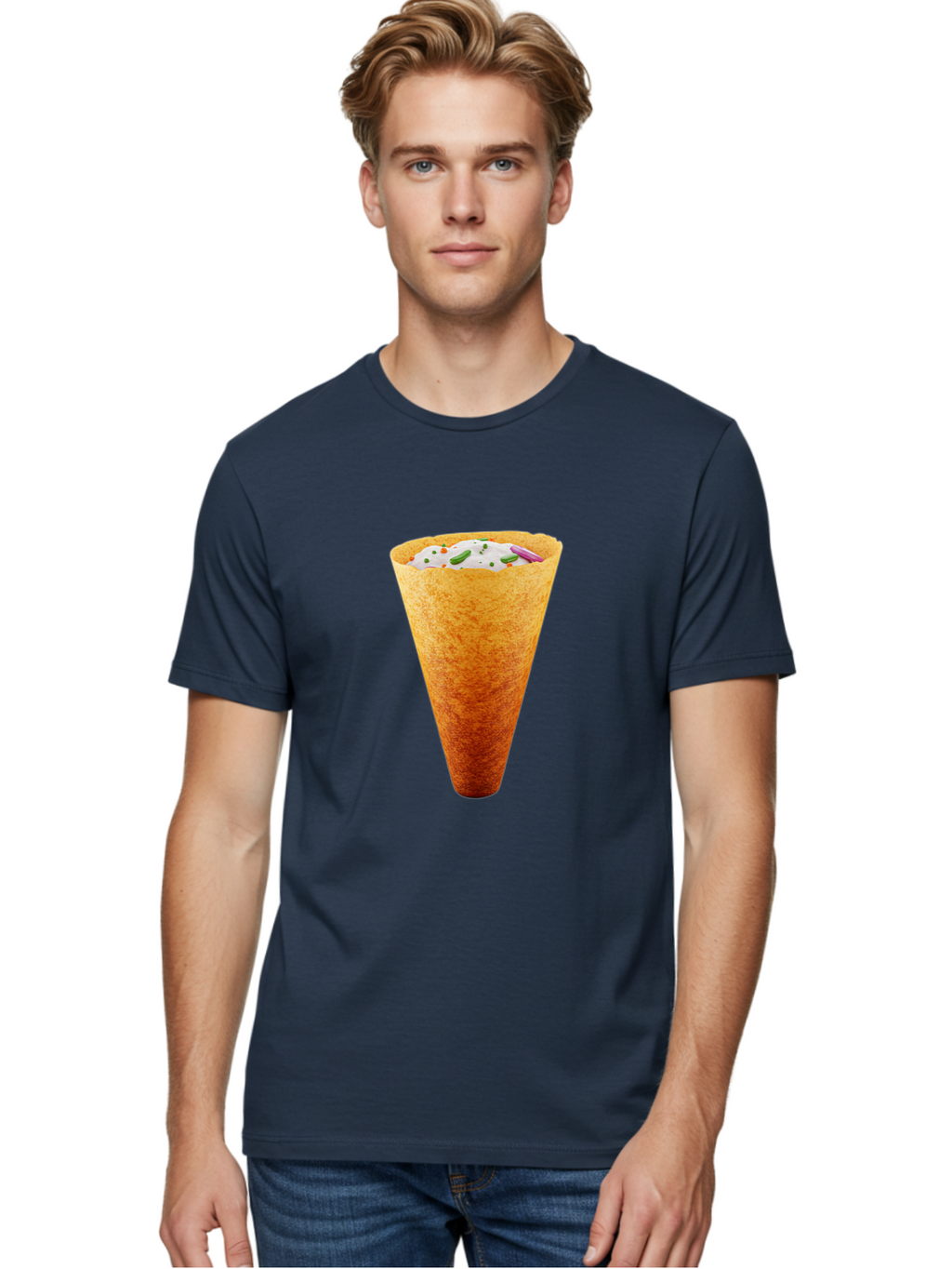 Dosa-Cone Men'S Graphic Tee, 100% Cotton, Comfortable Casual Summer Wear, Machine Washable, Masala Cone, Indian Street Food, Crispy Cone, Savory Snack, Flavorful Filling, Chutney, Spices, Appetizing Treat Baa540