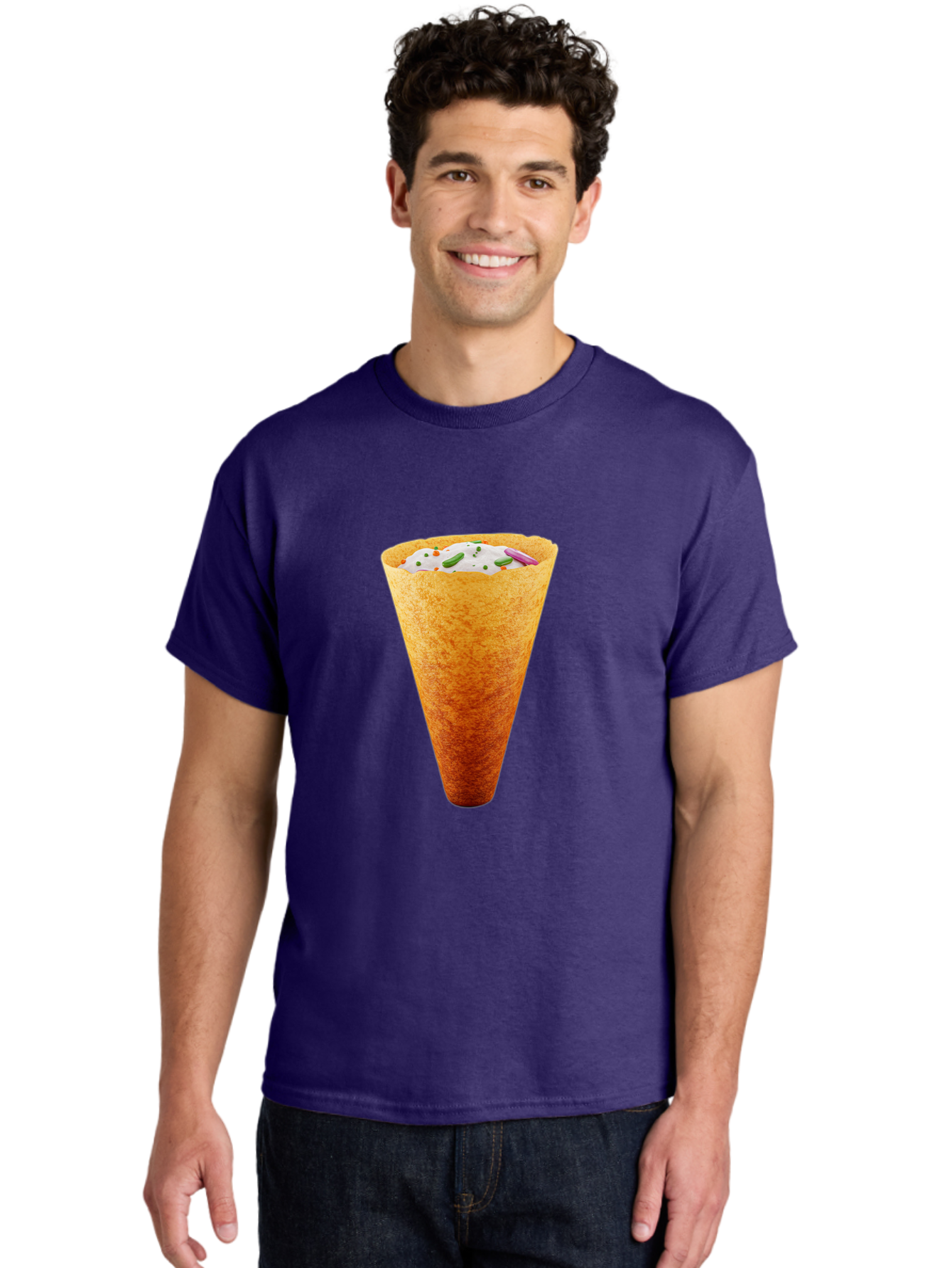 Dosa-Cone Men'S Graphic Tee, 100% Cotton, Comfortable Casual Summer Wear, Machine Washable, Masala Cone, Indian Street Food, Crispy Cone, Savory Snack, Flavorful Filling, Chutney, Spices, Appetizing Treat Baa540