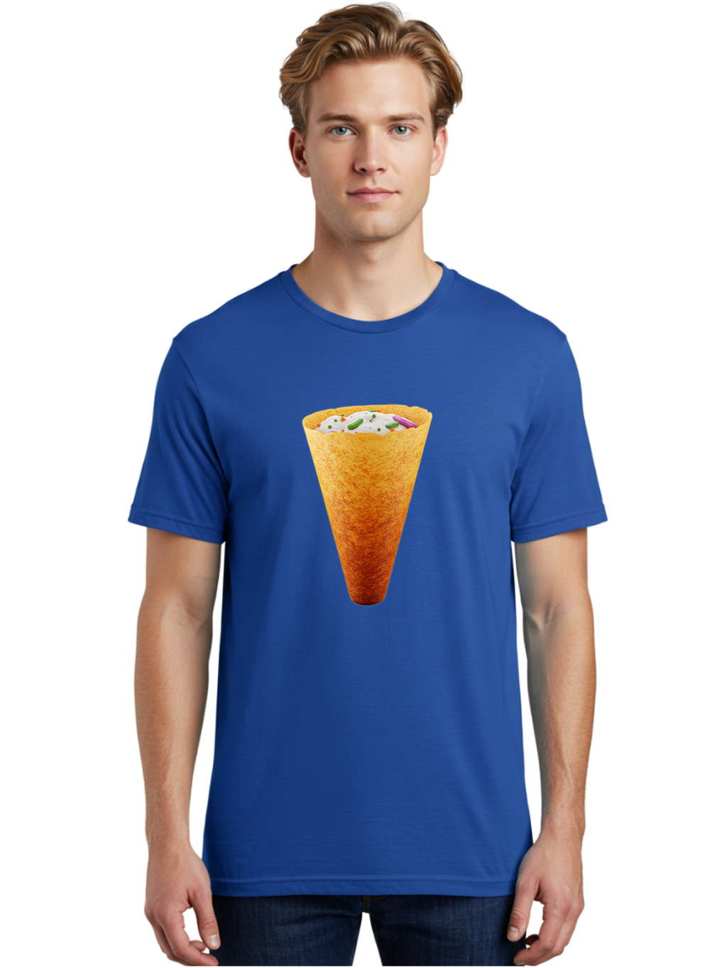 Dosa-Cone Men'S Graphic Tee, 100% Cotton, Comfortable Casual Summer Wear, Machine Washable, Masala Cone, Indian Street Food, Crispy Cone, Savory Snack, Flavorful Filling, Chutney, Spices, Appetizing Treat Baa540
