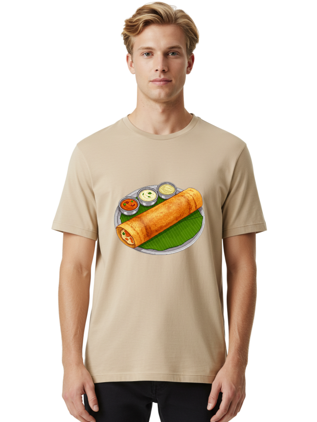 Dosa-With-Chutney-1 Men'S Graphic Tee, 100% Cotton, Comfortable Casual Summer Wear, Machine Washable, South Indian Cuisine, Traditional Breakfast, Dosa With Chutney, Indian Food, Savory Crepe, Fermented Rice, Delicious Dish, Baa543