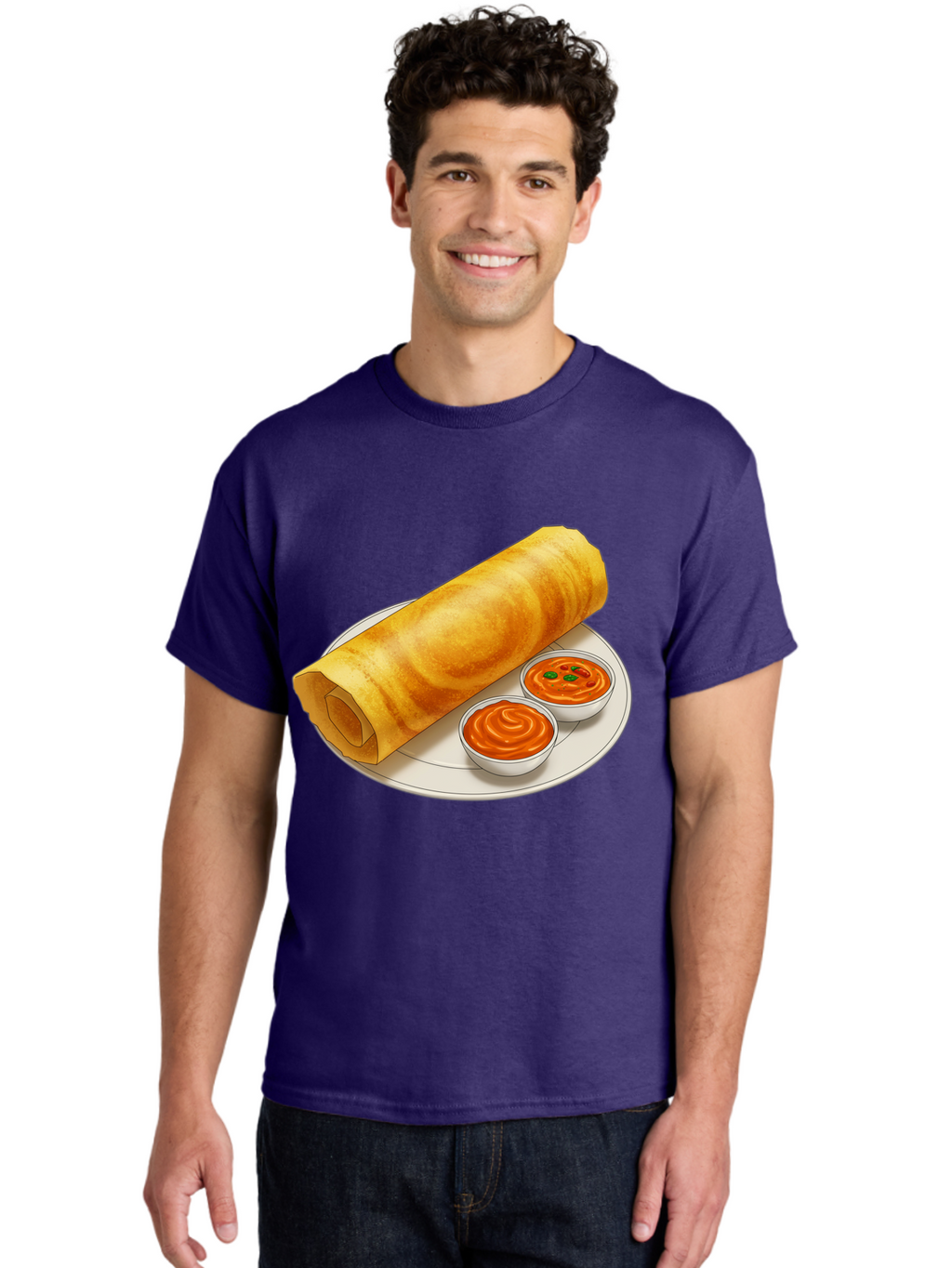 Dosa-With-Chutney Men'S Graphic Tee, 100% Cotton, Comfortable Casual Summer Wear, Machine Washable, Masala Dosa, South Indian Cuisine, Crepe, Spicy Chutney, Savory Dish, Indian Food, Traditional Breakfast, Delicious Meal, Food Illustration, Baa544