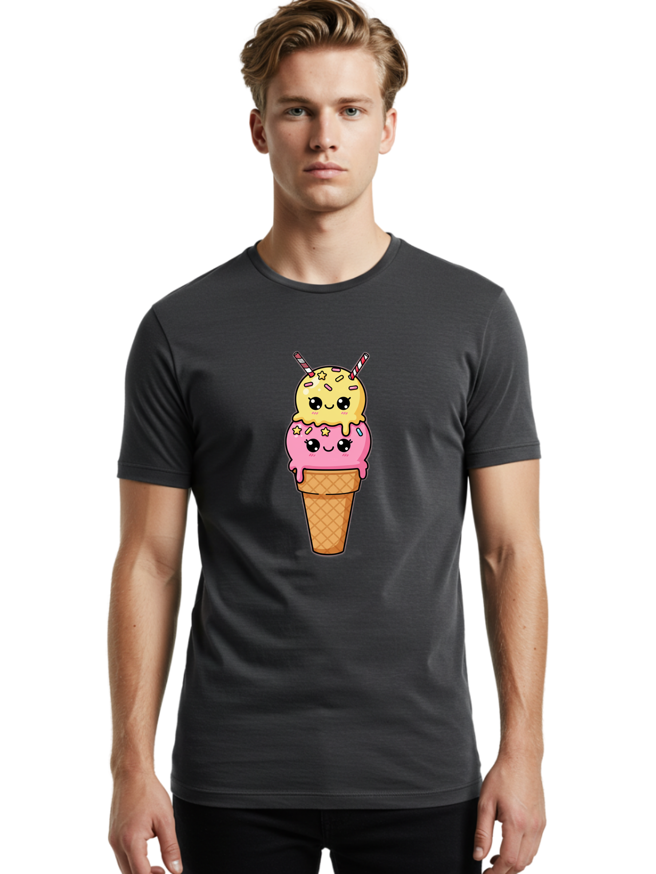 Double-Scoop-Ice-Cream-1 Men'S Graphic Tee, 100% Cotton, Comfortable Casual Summer Wear, Machine Washable, Two-Scoop Ice Cream, Melting Ice Cream, Pastel Colors, Cute Illustration, Pink And Yellow Scoops, Waffle Cone, Cartoon Style, Baa546