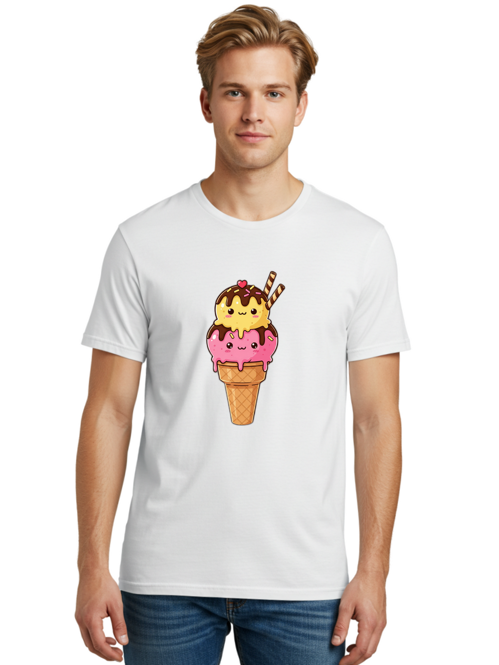 Double-Scoop-Ice-Cream-2 Men'S Graphic Tee, 100% Cotton, Comfortable Casual Summer Wear, Machine Washable, Kawaii Ice Cream, Cartoon Dessert, Melting Ice Cream, Waffle Cone, Chocolate Sauce, Pink And Yellow Ice Cream, Adorable Illustration, Baa547