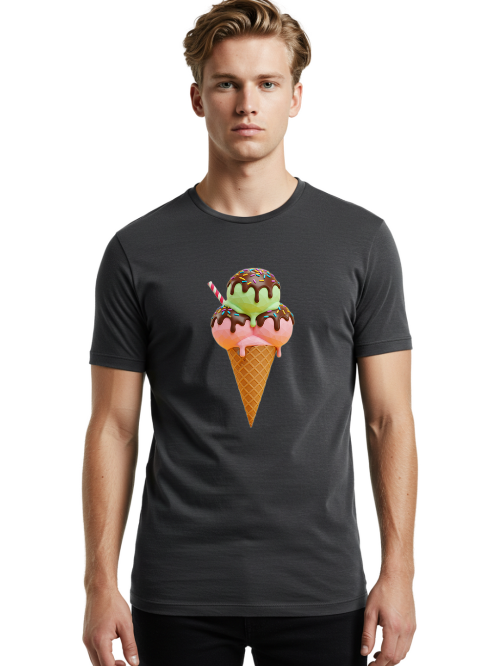 Double-Scoop-Ice-Cream Men'S Graphic Tee, 100% Cotton, Comfortable Casual Summer Wear, Machine Washable, Double Scoop Ice Cream, Waffle Cone, Chocolate Sauce, Sprinkles, Cold Treat, Sweet Dessert, Strawberry Ice Cream, Pistachio Ice Cream, Baa548