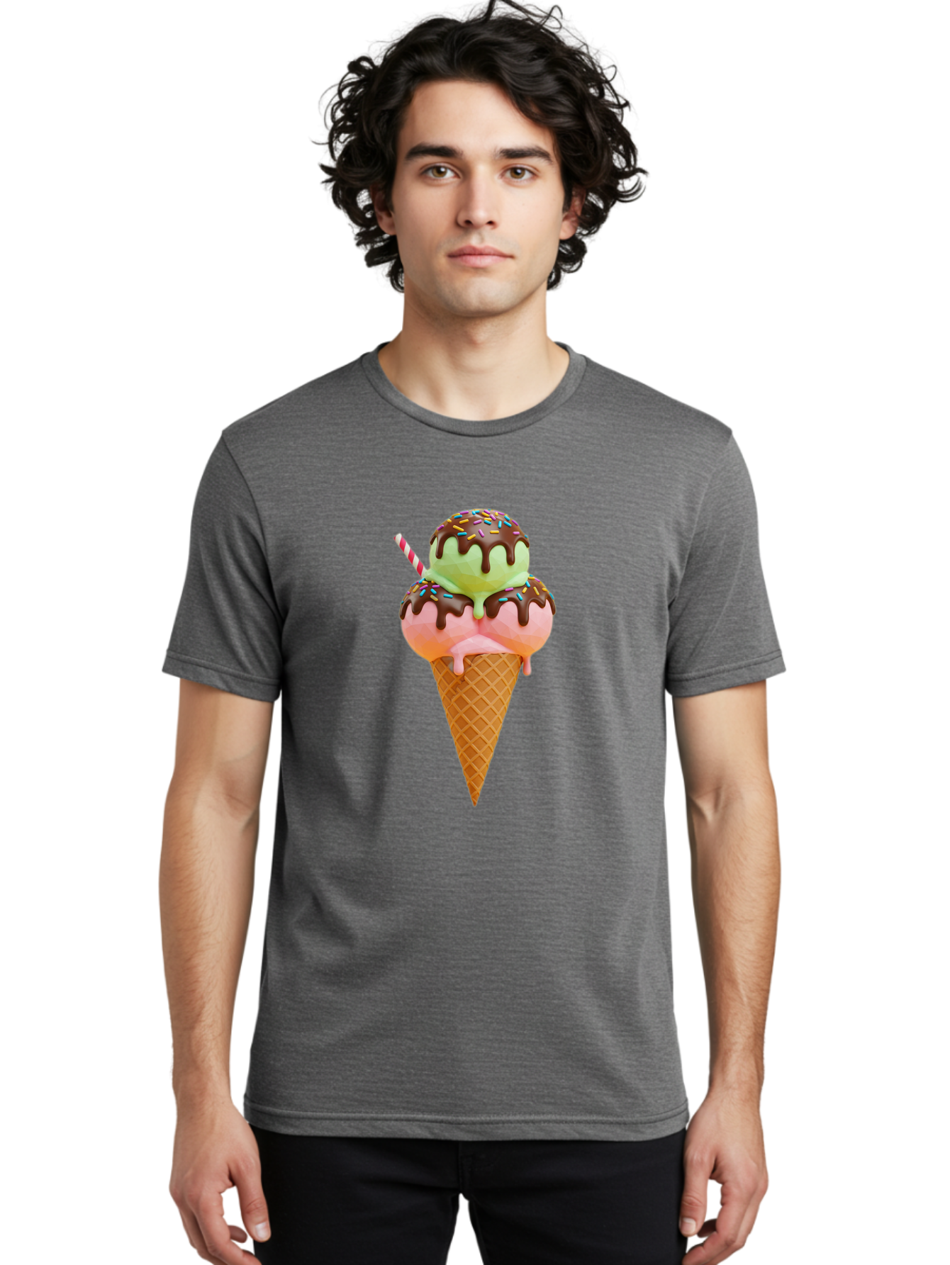 Double-Scoop-Ice-Cream Men'S Graphic Tee, 100% Cotton, Comfortable Casual Summer Wear, Machine Washable, Double Scoop Ice Cream, Waffle Cone, Chocolate Sauce, Sprinkles, Cold Treat, Sweet Dessert, Strawberry Ice Cream, Pistachio Ice Cream, Baa548