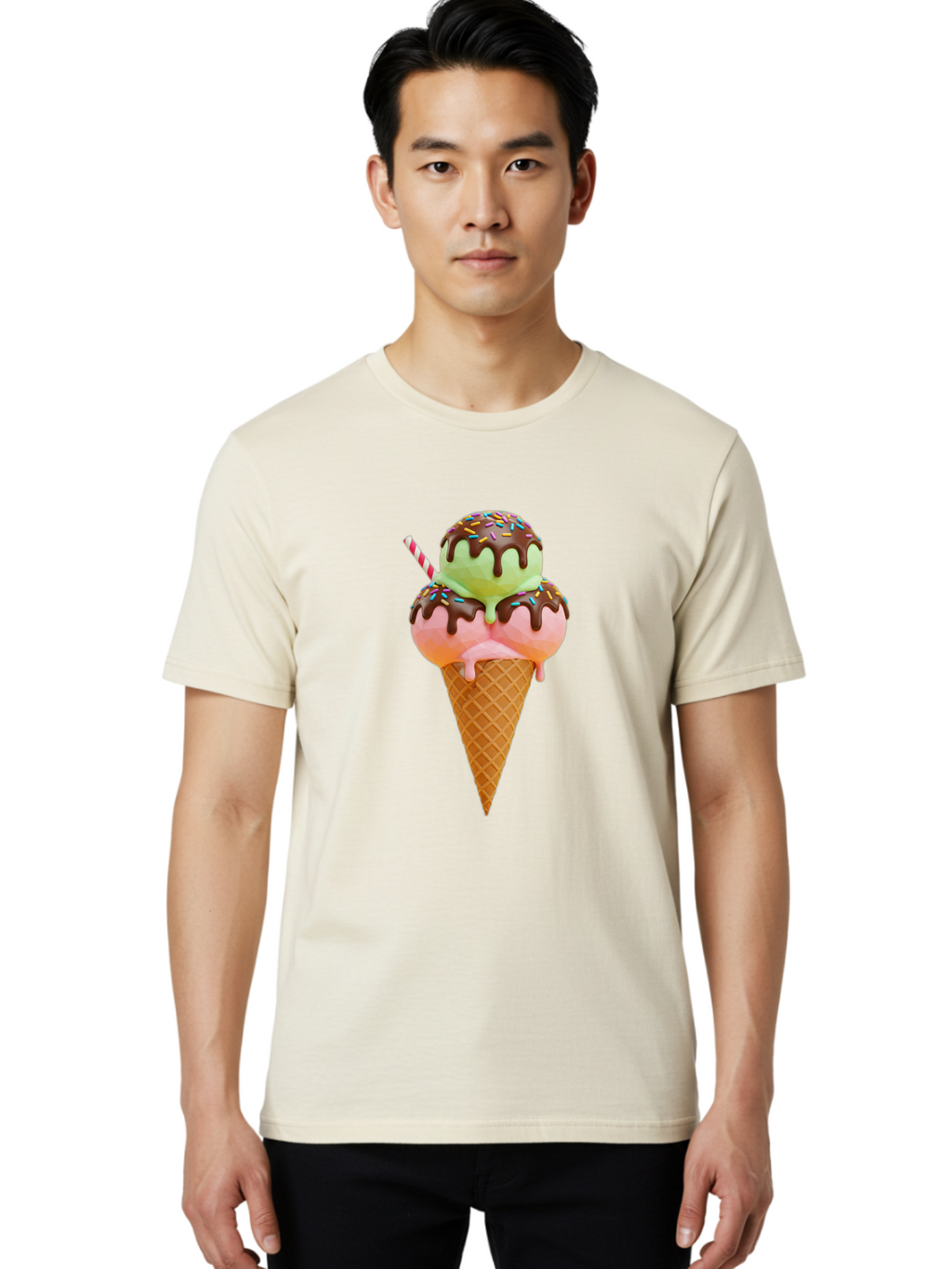 Double-Scoop-Ice-Cream Men'S Graphic Tee, 100% Cotton, Comfortable Casual Summer Wear, Machine Washable, Double Scoop Ice Cream, Waffle Cone, Chocolate Sauce, Sprinkles, Cold Treat, Sweet Dessert, Strawberry Ice Cream, Pistachio Ice Cream, Baa548