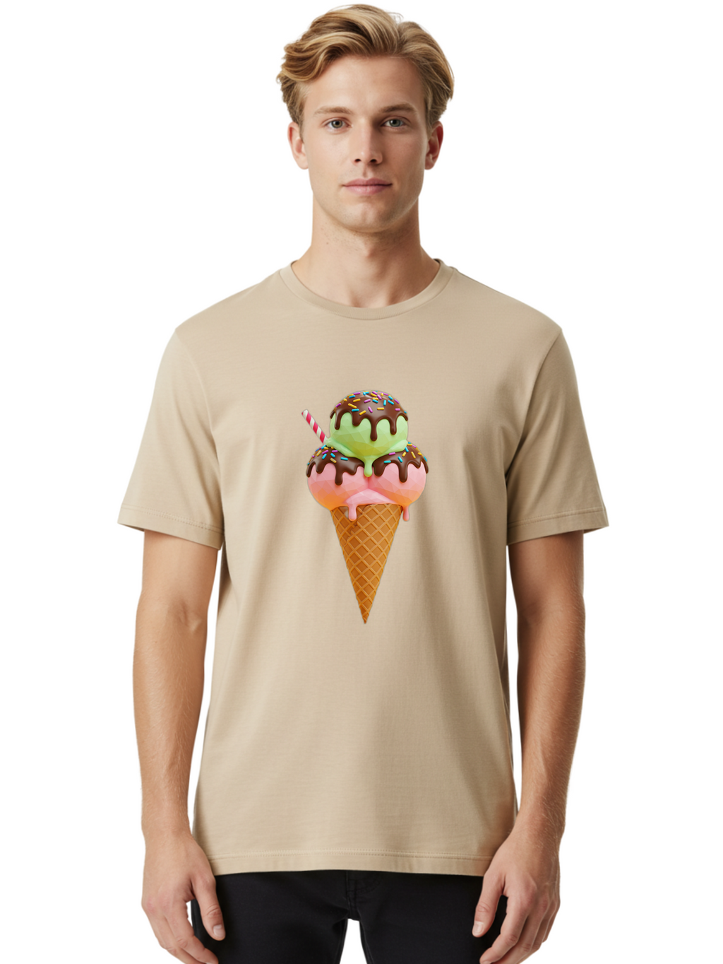 Double-Scoop-Ice-Cream Men'S Graphic Tee, 100% Cotton, Comfortable Casual Summer Wear, Machine Washable, Double Scoop Ice Cream, Waffle Cone, Chocolate Sauce, Sprinkles, Cold Treat, Sweet Dessert, Strawberry Ice Cream, Pistachio Ice Cream, Baa548