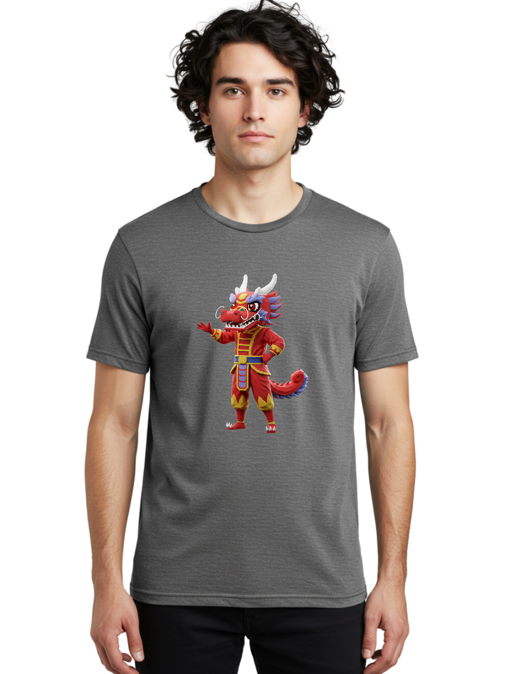 Dragon-Costume Men'S Graphic Tee, 100% Cotton, Comfortable Casual Summer Wear, Machine Washable, Cartoon Red Dragon, Dragon Costume, Chinese New Year, Red And Gold, Mythical Creature, Animated Character, Fantasy, Dragon Head, Costume Design, Baa549