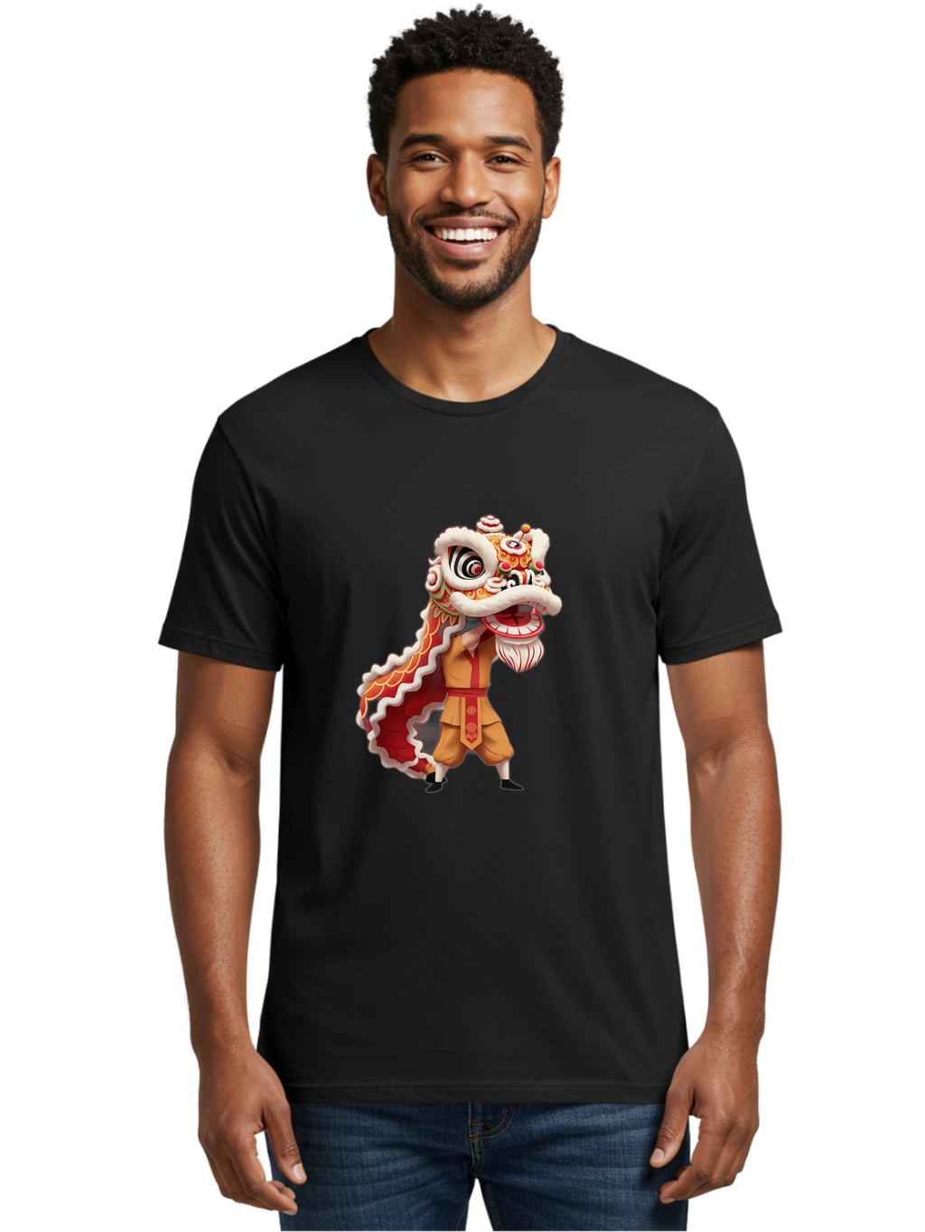 Dragon-Dance-1 Men'S Graphic Tee, 100% Cotton, Comfortable Casual Summer Wear, Machine Washable, Lion Dance Performance, Traditional Chinese Culture, Festive Atmosphere, Vibrant Colors, Energetic Dancer, Cultural Heritage, Baa550
