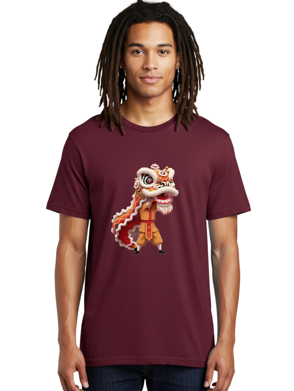 Dragon-Dance-1 Men'S Graphic Tee, 100% Cotton, Comfortable Casual Summer Wear, Machine Washable, Lion Dance Performance, Traditional Chinese Culture, Festive Atmosphere, Vibrant Colors, Energetic Dancer, Cultural Heritage, Baa550