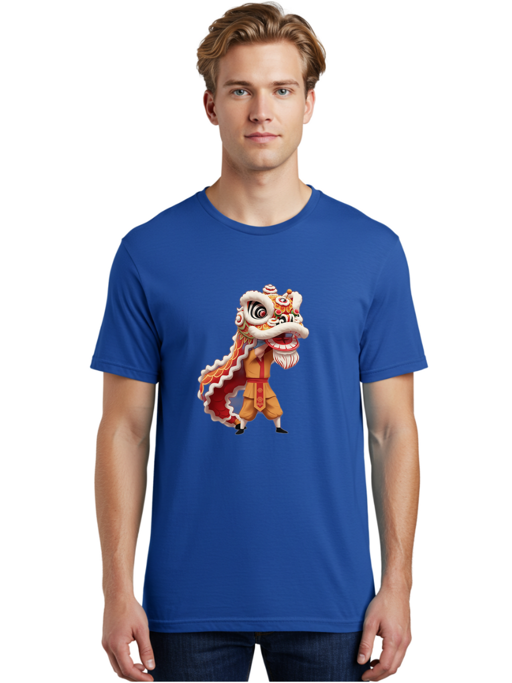 Dragon-Dance-1 Men'S Graphic Tee, 100% Cotton, Comfortable Casual Summer Wear, Machine Washable, Lion Dance Performance, Traditional Chinese Culture, Festive Atmosphere, Vibrant Colors, Energetic Dancer, Cultural Heritage, Baa550