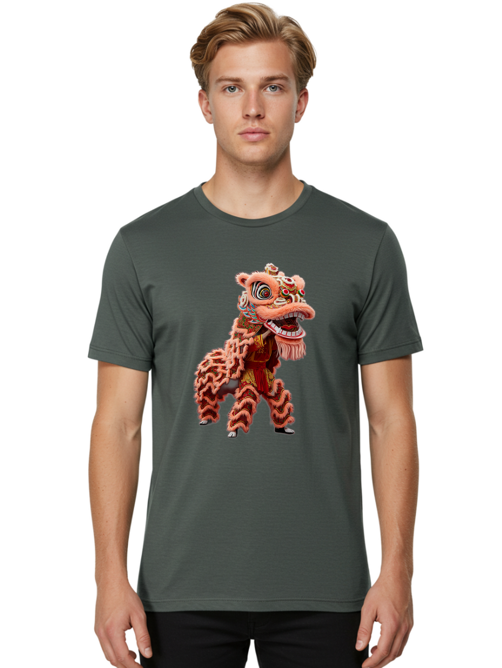 Dragon-Dance-2 Men'S Graphic Tee, 100% Cotton, Comfortable Casual Summer Wear, Machine Washable, Traditional Lion Dance, Cultural Heritage, Chinese New Year, Festive Decorations, Vibrant Colors, Mythical Creature, Dynamic Pose, Baa551