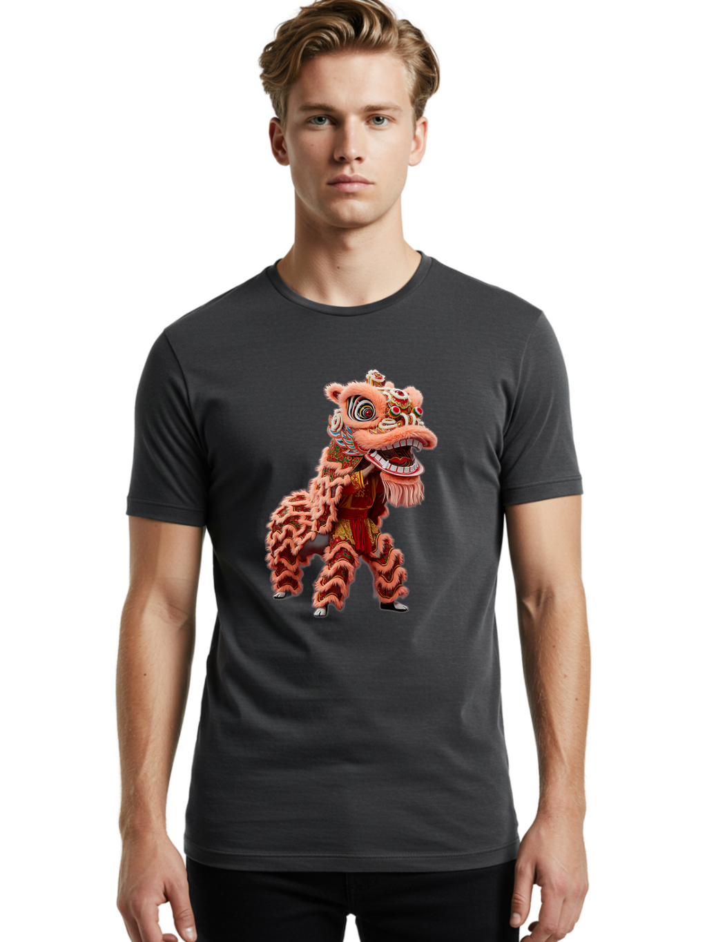 Dragon-Dance-2 Men'S Graphic Tee, 100% Cotton, Comfortable Casual Summer Wear, Machine Washable, Traditional Lion Dance, Cultural Heritage, Chinese New Year, Festive Decorations, Vibrant Colors, Mythical Creature, Dynamic Pose, Baa551