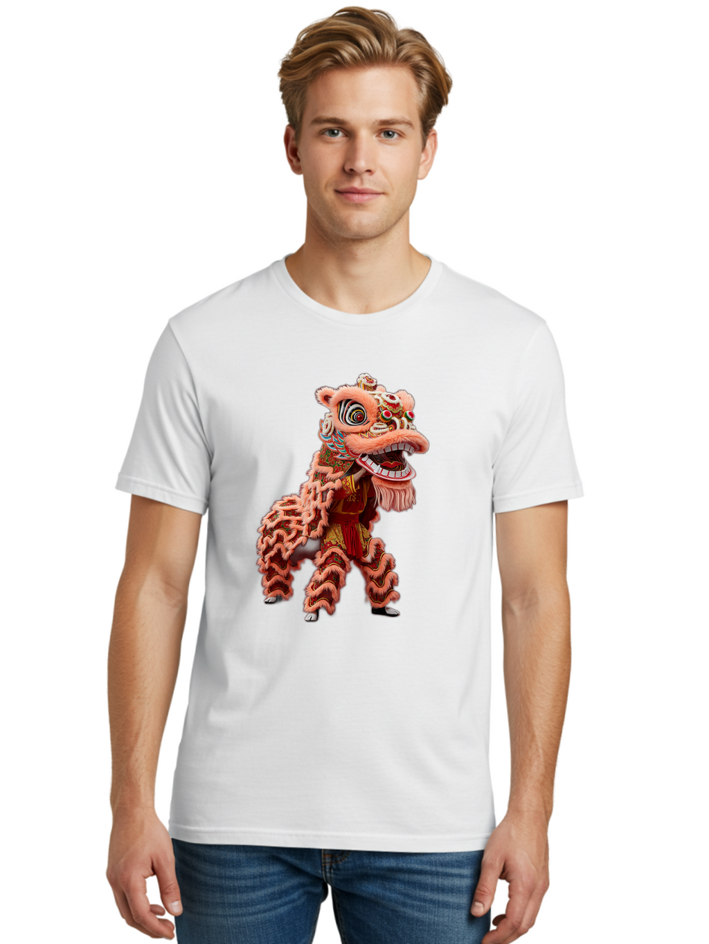 Dragon-Dance-2 Men'S Graphic Tee, 100% Cotton, Comfortable Casual Summer Wear, Machine Washable, Traditional Lion Dance, Cultural Heritage, Chinese New Year, Festive Decorations, Vibrant Colors, Mythical Creature, Dynamic Pose, Baa551