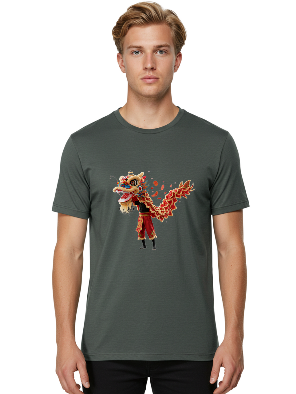 Dragon-Dance-Costume-1 Men'S Graphic Tee, 100% Cotton, Comfortable Casual Summer Wear, Machine Washable, Lion Dance Performance, Traditional Chinese Dance, Cultural Heritage, Vibrant Red Costume, Gold Accents, Festive Atmosphere, Baa552