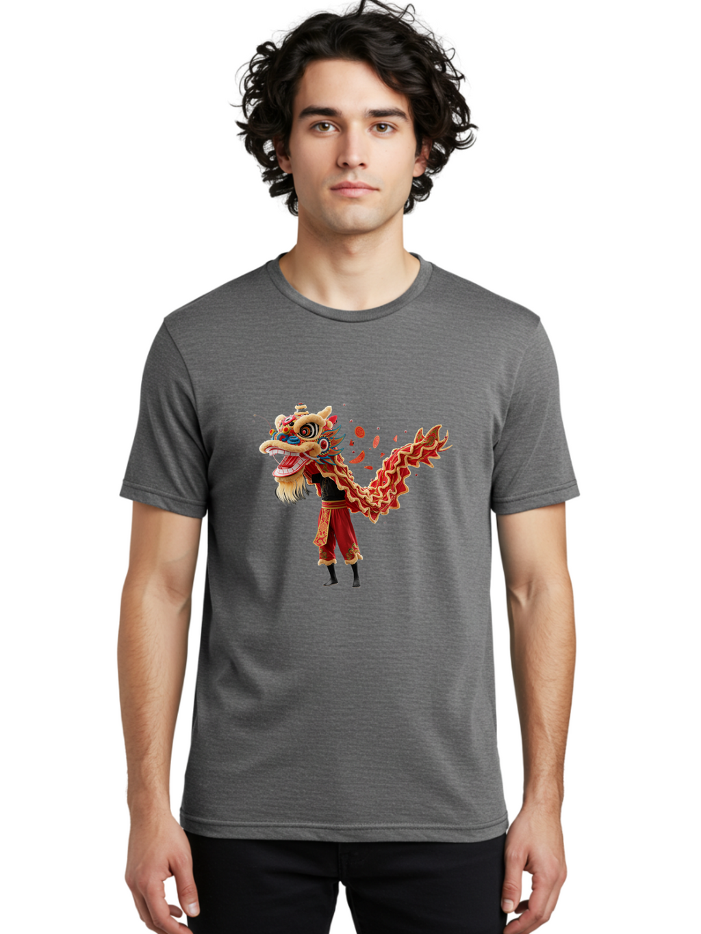 Dragon-Dance-Costume-1 Men'S Graphic Tee, 100% Cotton, Comfortable Casual Summer Wear, Machine Washable, Lion Dance Performance, Traditional Chinese Dance, Cultural Heritage, Vibrant Red Costume, Gold Accents, Festive Atmosphere, Baa552