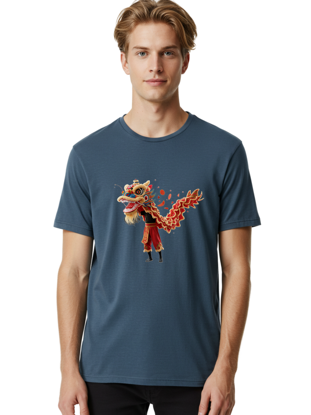 Dragon-Dance-Costume-1 Men'S Graphic Tee, 100% Cotton, Comfortable Casual Summer Wear, Machine Washable, Lion Dance Performance, Traditional Chinese Dance, Cultural Heritage, Vibrant Red Costume, Gold Accents, Festive Atmosphere, Baa552