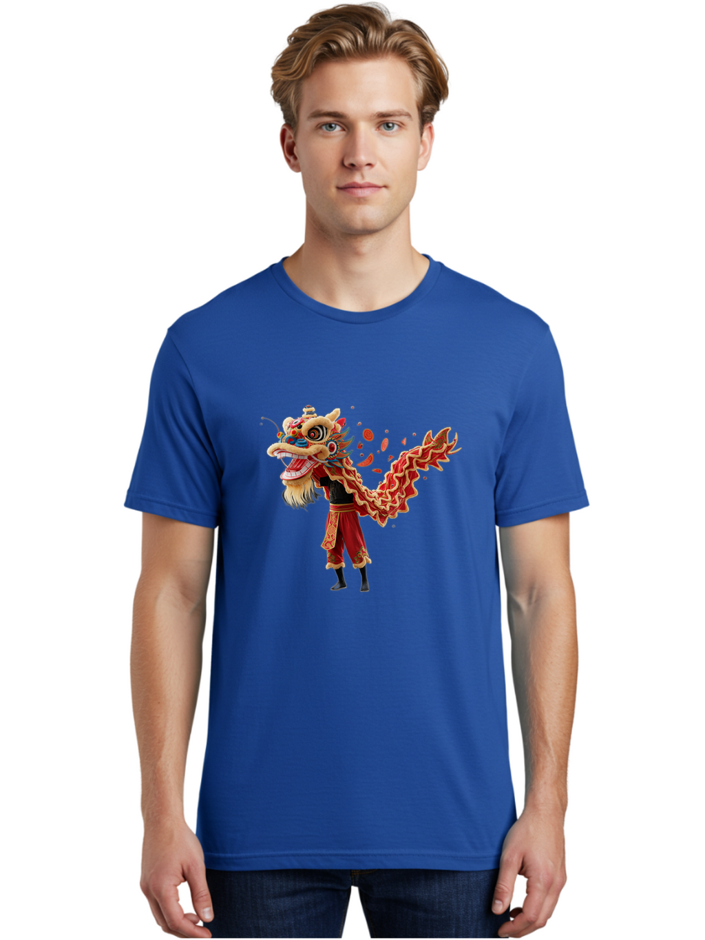 Dragon-Dance-Costume-1 Men'S Graphic Tee, 100% Cotton, Comfortable Casual Summer Wear, Machine Washable, Lion Dance Performance, Traditional Chinese Dance, Cultural Heritage, Vibrant Red Costume, Gold Accents, Festive Atmosphere, Baa552