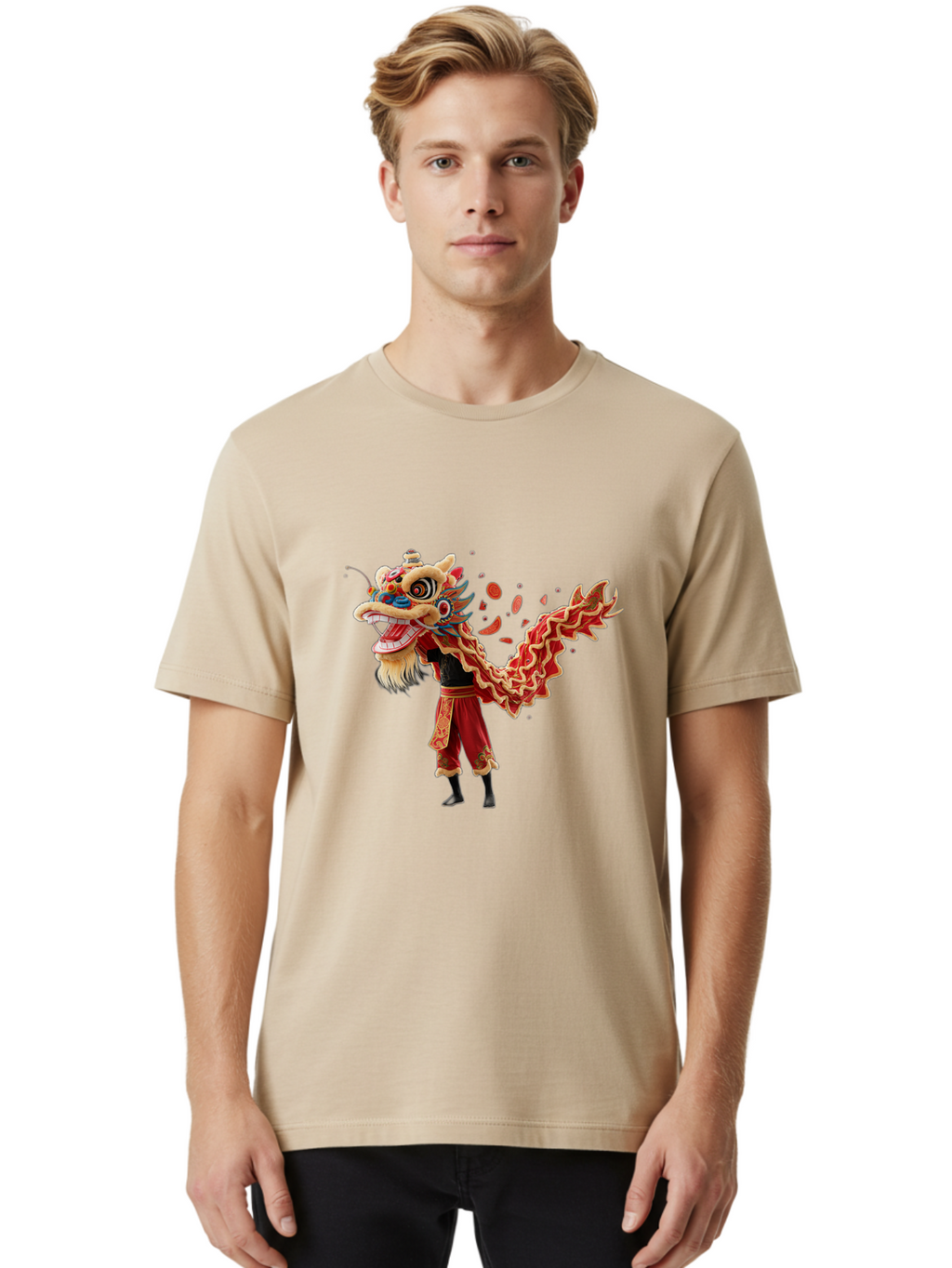 Dragon-Dance-Costume-1 Men'S Graphic Tee, 100% Cotton, Comfortable Casual Summer Wear, Machine Washable, Lion Dance Performance, Traditional Chinese Dance, Cultural Heritage, Vibrant Red Costume, Gold Accents, Festive Atmosphere, Baa552