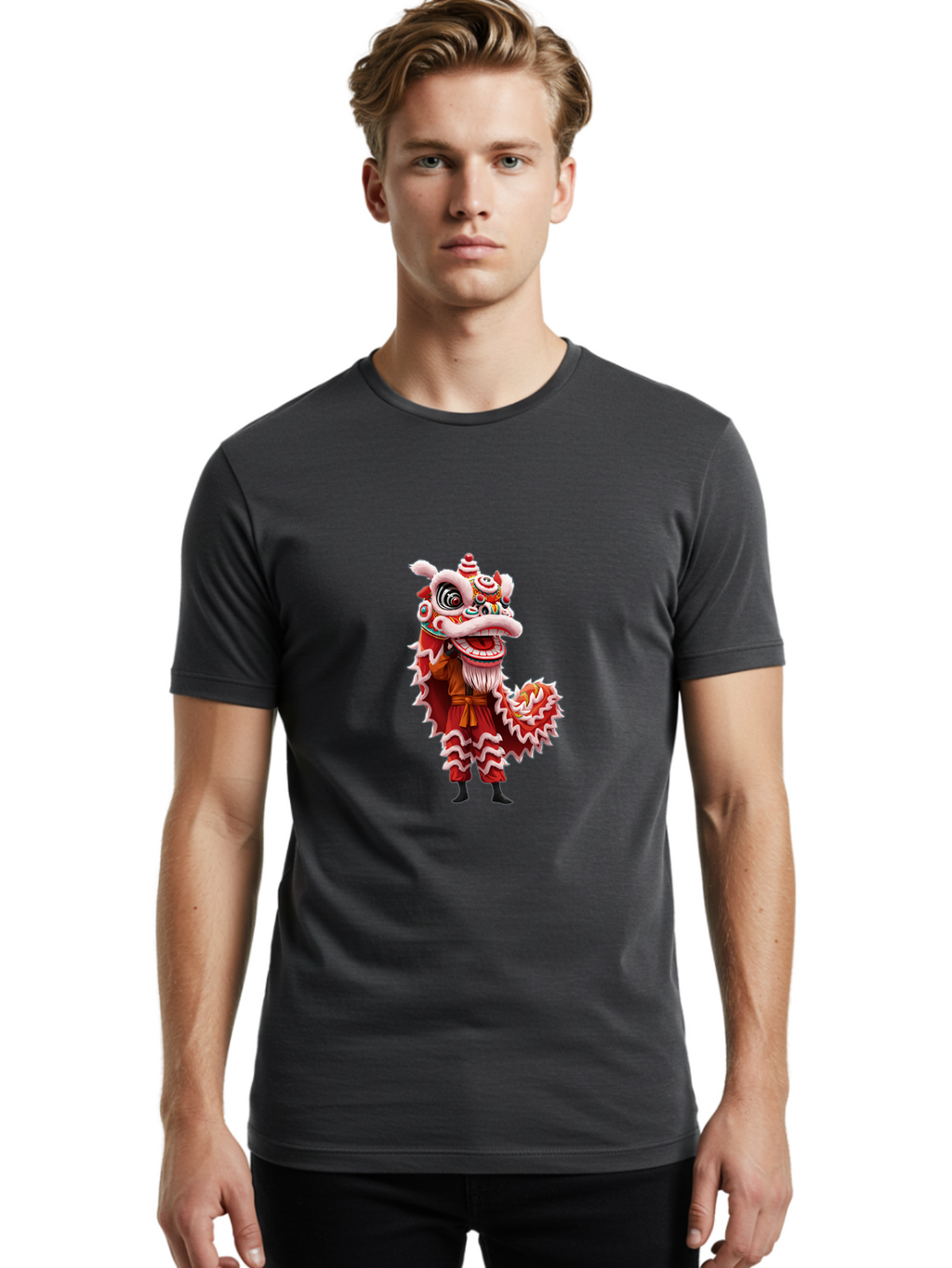 Dragon-Dance-Costume-3 Men'S Graphic Tee, 100% Cotton, Comfortable Casual Summer Wear, Machine Washable, Lion Dance Performance, Traditional Chinese Culture, Festive Atmosphere, Vibrant Colors, Cultural Heritage, Artistic Expression, Baa554