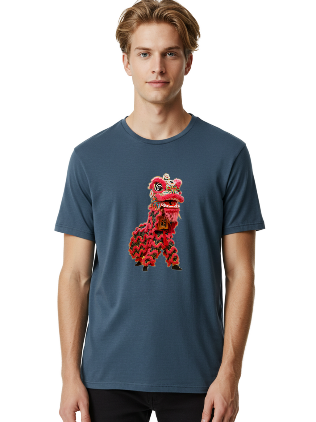 Dragon-Dance-Costume-4 Men'S Graphic Tee, 100% Cotton, Comfortable Casual Summer Wear, Machine Washable, Chinese Lion Dance, Traditional Costume, Vibrant Red Colors, Intricate Designs, Cultural Heritage, Festive Atmosphere, Lion Head, Baa555