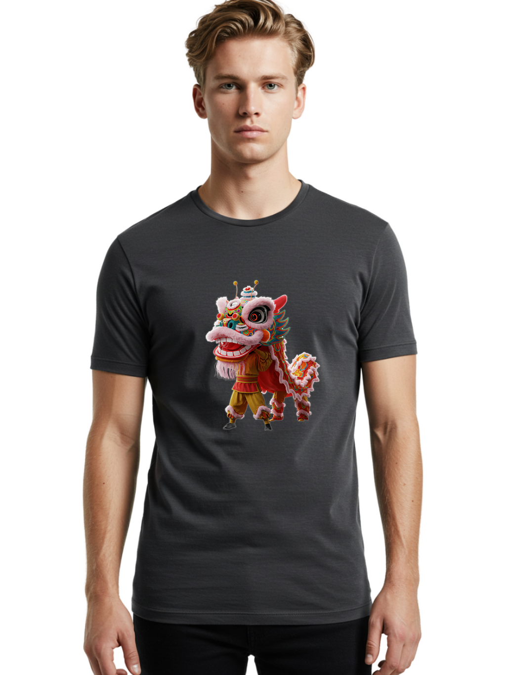 Dragon-Dance-Costume Men'S Graphic Tee, 100% Cotton, Comfortable Casual Summer Wear, Machine Washable, Lion Dance Costume, Traditional Chinese Dance, Vibrant Colors, Cultural Heritage, Festive Atmosphere, Mythical Creature, Chinese New Year, Baa556