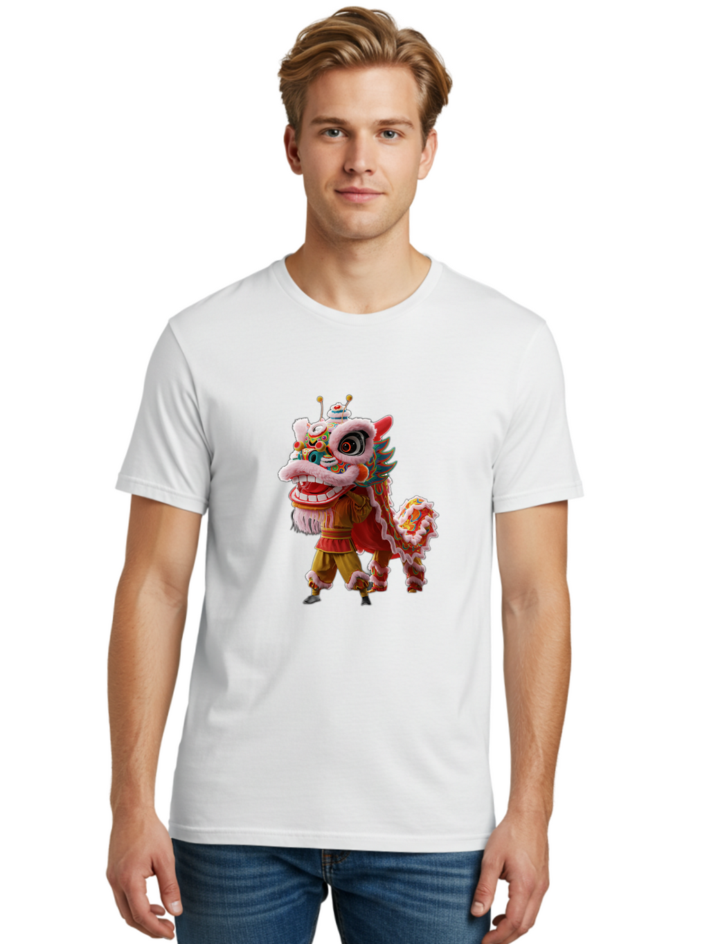 Dragon-Dance-Costume Men'S Graphic Tee, 100% Cotton, Comfortable Casual Summer Wear, Machine Washable, Lion Dance Costume, Traditional Chinese Dance, Vibrant Colors, Cultural Heritage, Festive Atmosphere, Mythical Creature, Chinese New Year, Baa556