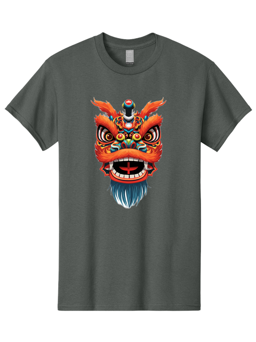 Dragon-Dance-Mask Men'S Graphic Tee, 100% Cotton, Comfortable Casual Summer Wear, Machine Washable, Lion Dance, Traditional Performance, Vibrant Colors, Cultural Heritage, Festive Atmosphere, Red And Orange Hues, Ornate Details, Baa557