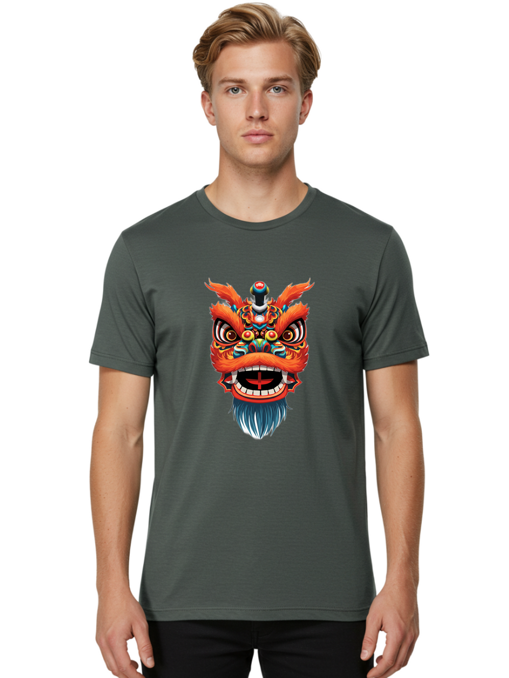 Dragon-Dance-Mask Men'S Graphic Tee, 100% Cotton, Comfortable Casual Summer Wear, Machine Washable, Lion Dance, Traditional Performance, Vibrant Colors, Cultural Heritage, Festive Atmosphere, Red And Orange Hues, Ornate Details, Baa557