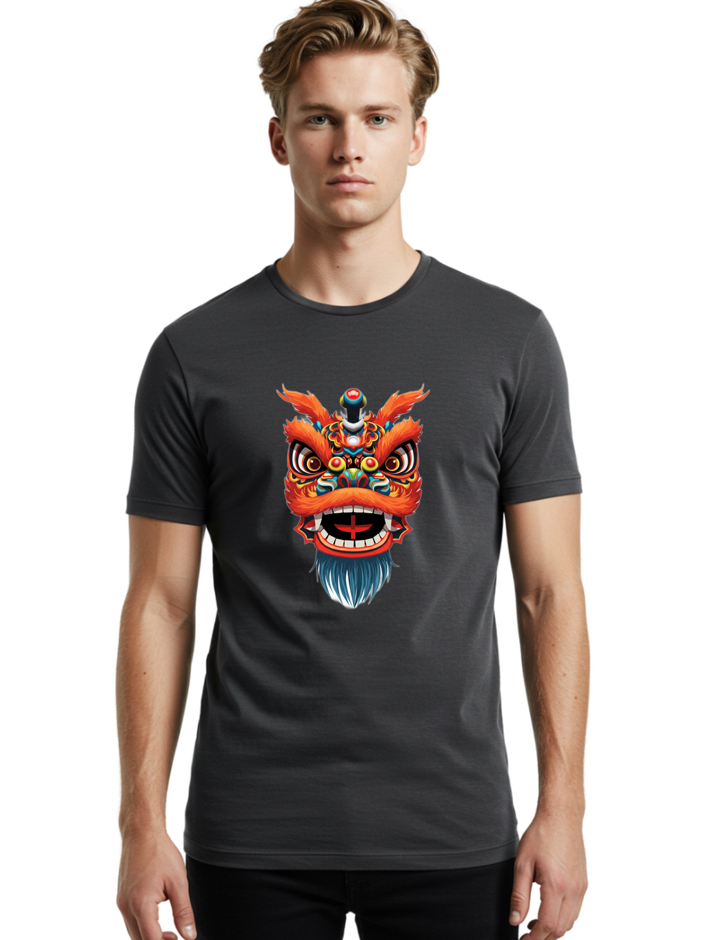 Dragon-Dance-Mask Men'S Graphic Tee, 100% Cotton, Comfortable Casual Summer Wear, Machine Washable, Lion Dance, Traditional Performance, Vibrant Colors, Cultural Heritage, Festive Atmosphere, Red And Orange Hues, Ornate Details, Baa557