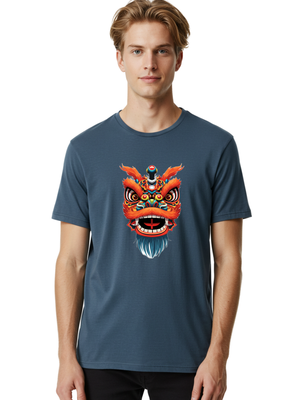 Dragon-Dance-Mask Men'S Graphic Tee, 100% Cotton, Comfortable Casual Summer Wear, Machine Washable, Lion Dance, Traditional Performance, Vibrant Colors, Cultural Heritage, Festive Atmosphere, Red And Orange Hues, Ornate Details, Baa557