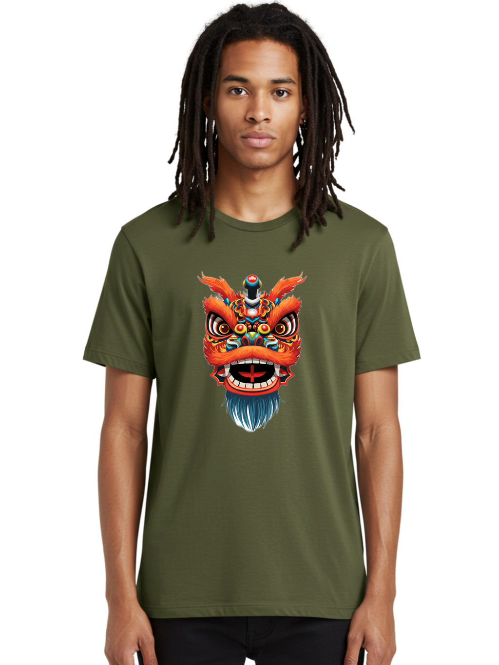 Dragon-Dance-Mask Men'S Graphic Tee, 100% Cotton, Comfortable Casual Summer Wear, Machine Washable, Lion Dance, Traditional Performance, Vibrant Colors, Cultural Heritage, Festive Atmosphere, Red And Orange Hues, Ornate Details, Baa557