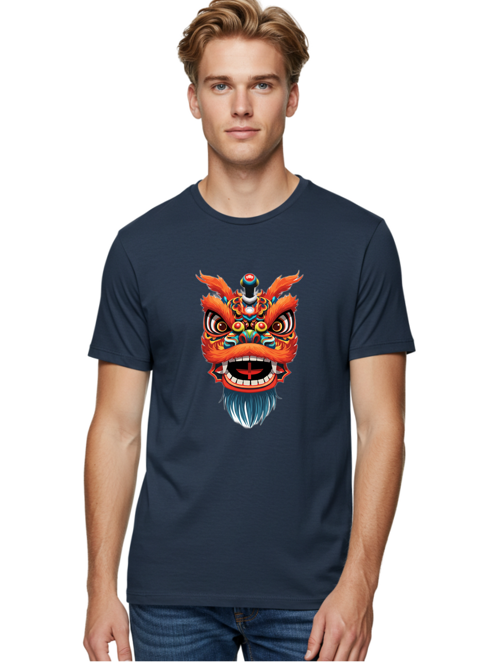 Dragon-Dance-Mask Men'S Graphic Tee, 100% Cotton, Comfortable Casual Summer Wear, Machine Washable, Lion Dance, Traditional Performance, Vibrant Colors, Cultural Heritage, Festive Atmosphere, Red And Orange Hues, Ornate Details, Baa557